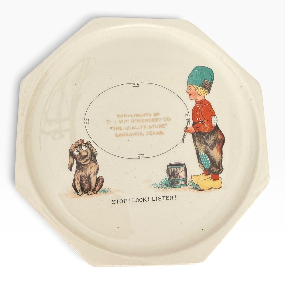 Vintage Harker 1840 LaGrange Texas Advertising Plate Stop Look Listen Dutch Boy